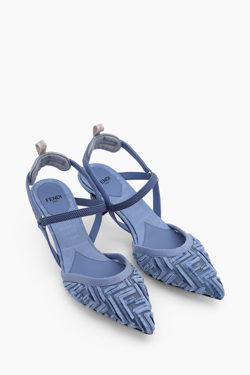 FENDI Women Colibri Lite Slingback Pumps 55mm in Blue Micro Mesh with Fringed FF Pattern 1