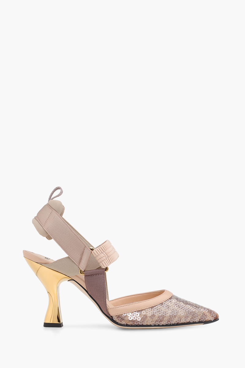 FENDI Colibri Slingback Pumps 85mm in Light Pink/Nude Micromesh FF Motif with Sequin Embroidery 0