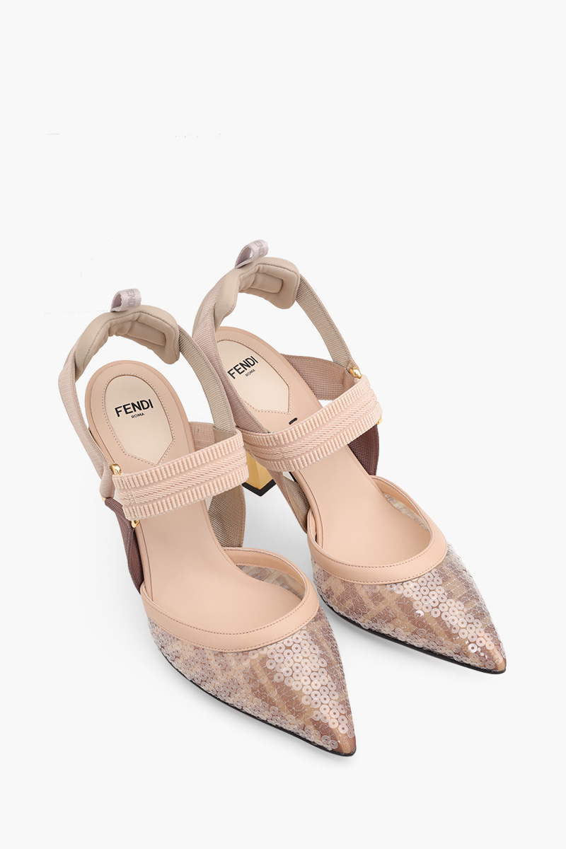 FENDI Colibri Slingback Pumps 85mm in Light Pink/Nude Micromesh FF Motif with Sequin Embroidery 1