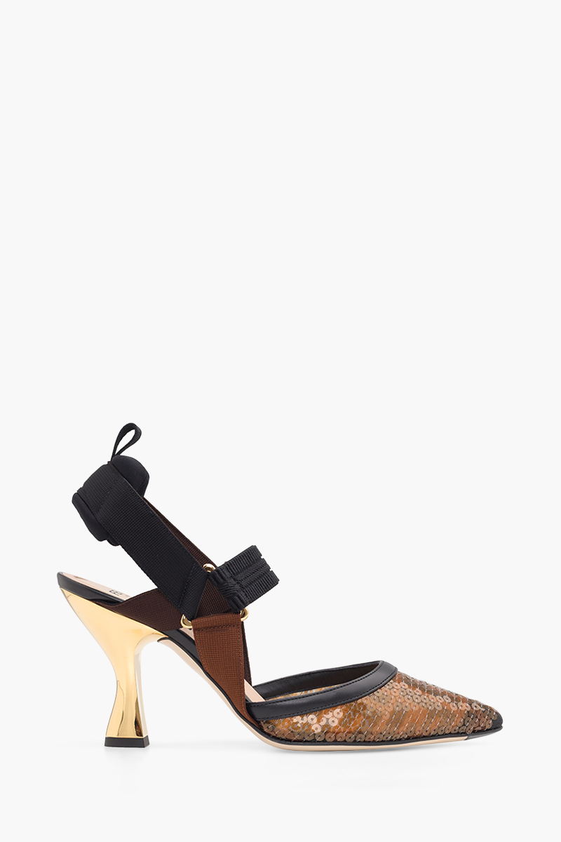 FENDI Colibri Slingback Pumps 85mm in Black/Amber Micromesh FF Motif with Sequin Embroidery 0