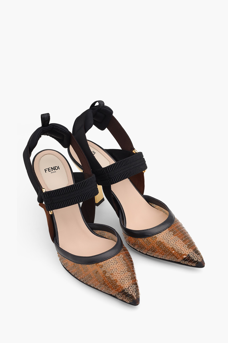 FENDI Colibri Slingback Pumps 85mm in Black/Amber Micromesh FF Motif with Sequin Embroidery 1