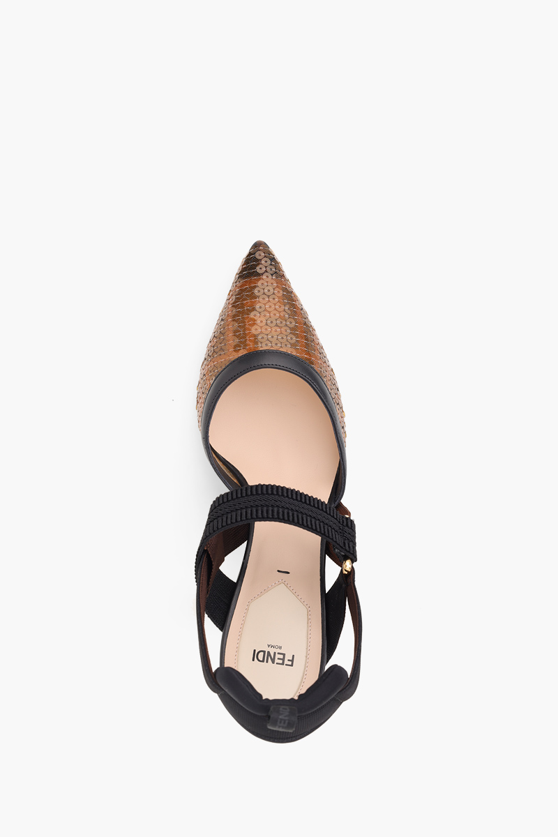 FENDI Colibri Slingback Pumps 85mm in Black/Amber Micromesh FF Motif with Sequin Embroidery 3