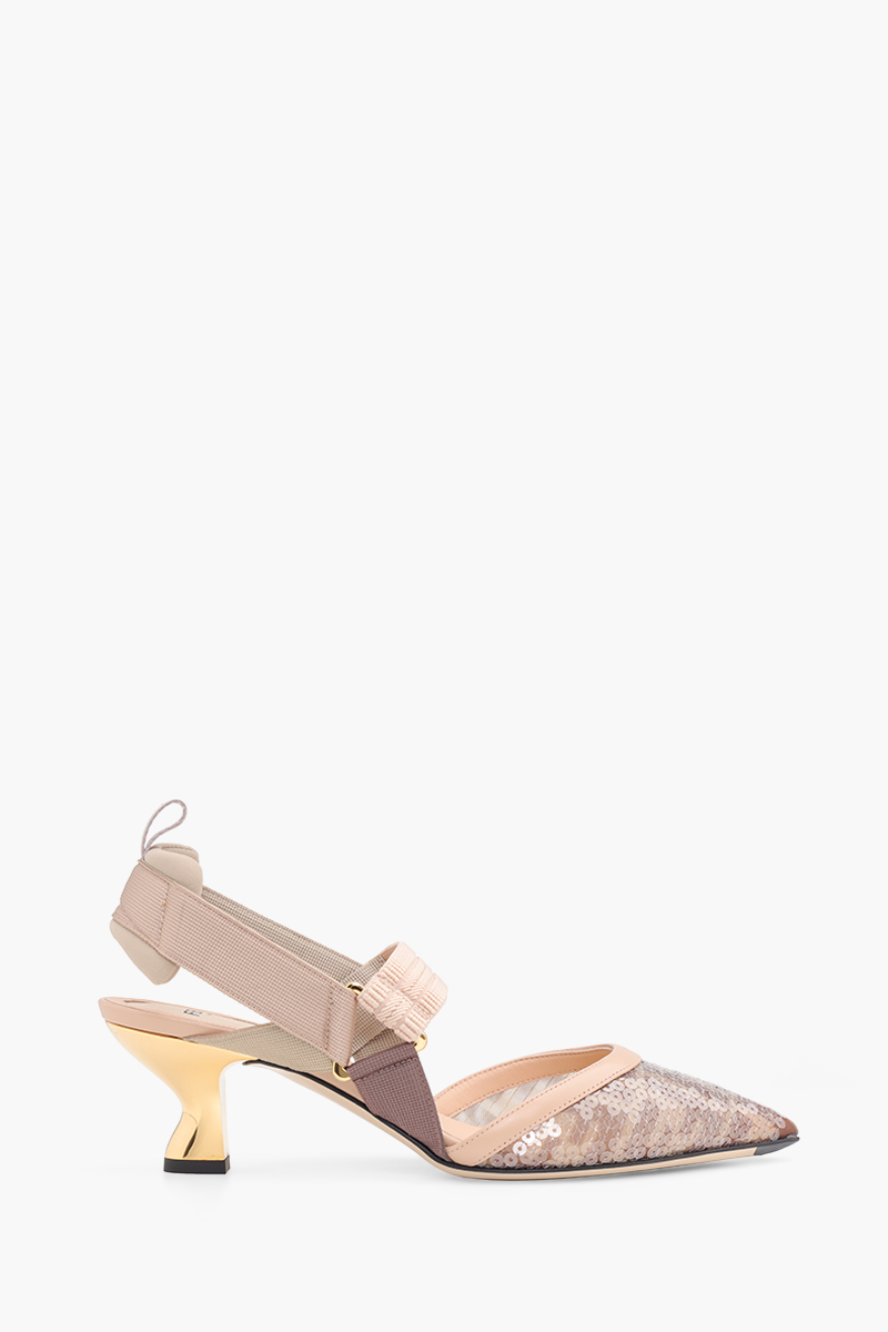 FENDI Colibri Slingback Pumps 55mm in Light Pink/Nude Micromesh FF Motif with Sequin Embroidery 0