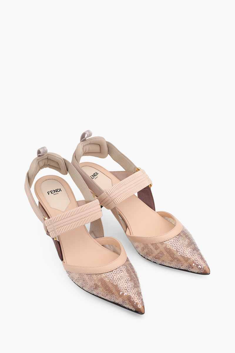 FENDI Colibri Slingback Pumps 55mm in Light Pink/Nude Micromesh FF Motif with Sequin Embroidery 1