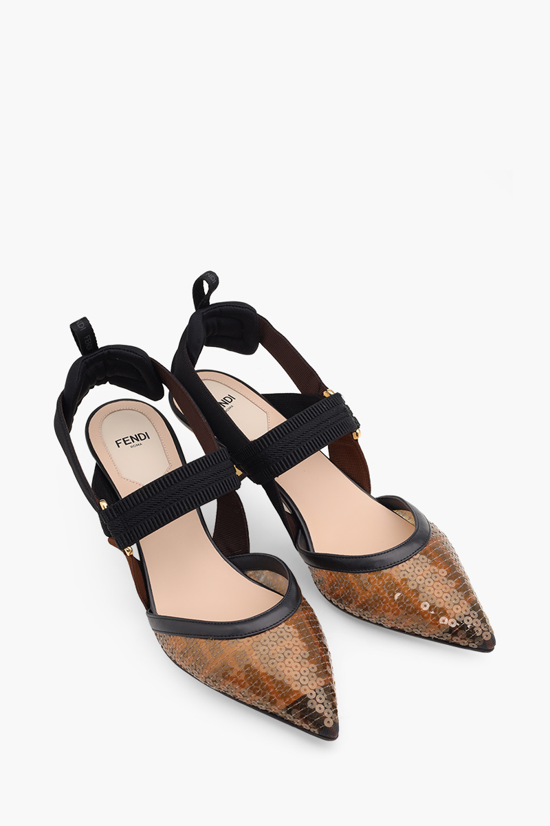 FENDI Colibri Slingback Pumps 55mm in Black/Amber Micromesh FF Motif with Sequin Embroidery 1