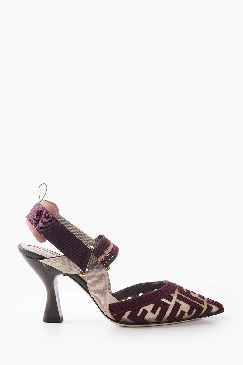 FENDI Women Colibri Slingback 85mm in Burgundy Mesh FF Cornely Embroidery with marble-Effect Resin 0