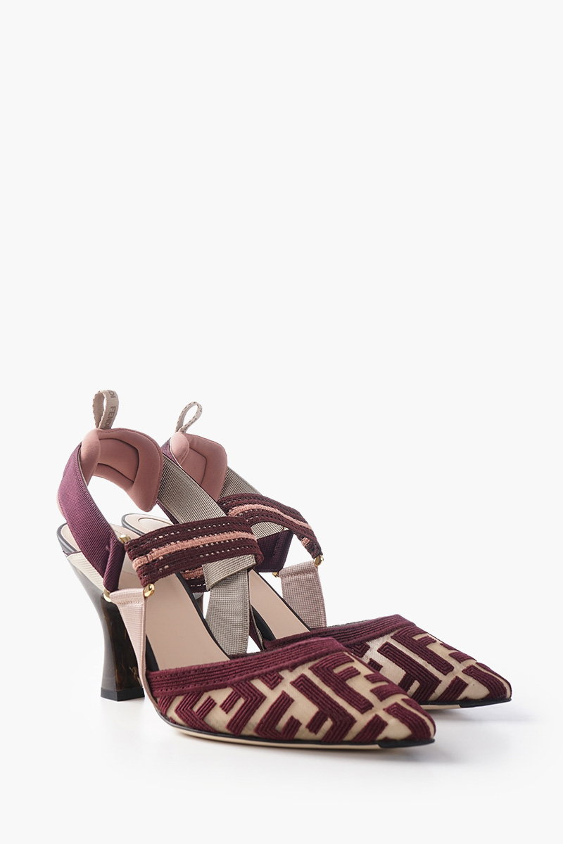 FENDI Women Colibri Slingback 85mm in Burgundy Mesh FF Cornely Embroidery with marble-Effect Resin 2