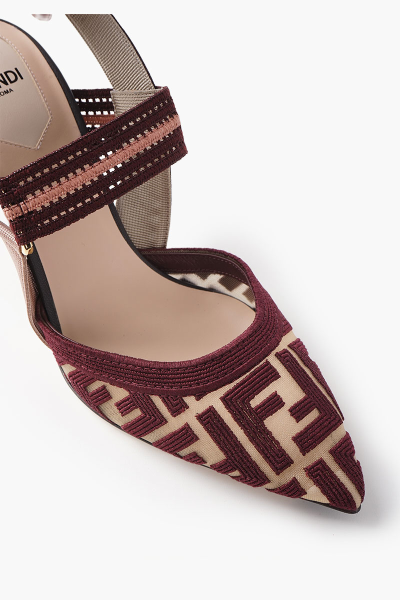 FENDI Women Colibri Slingback 85mm in Burgundy Mesh FF Cornely Embroidery with marble-Effect Resin 3
