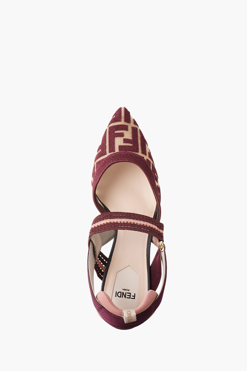 FENDI Women Colibri Slingback 85mm in Burgundy Mesh FF Cornely Embroidery with marble-Effect Resin 4
