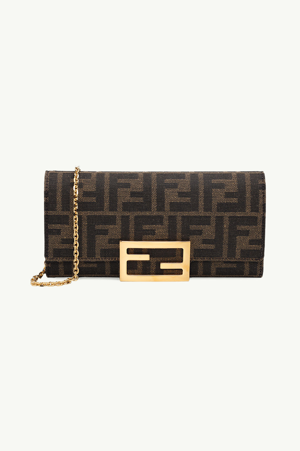 FENDI Baguette Continental Wallet on Chain in Brown Fabric with FF Logo Pattern 0