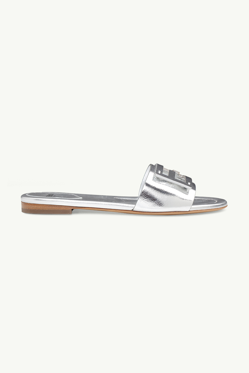 FENDI Women Siganture FF Baguette Slide Sandals in Silver Laminated Nappa Leather 0