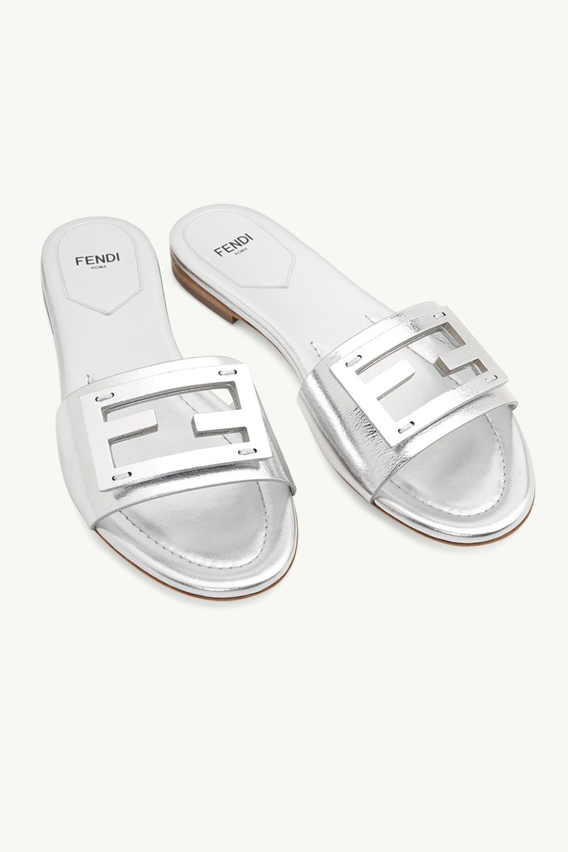 FENDI Women Siganture FF Baguette Slide Sandals in Silver Laminated Nappa Leather 1