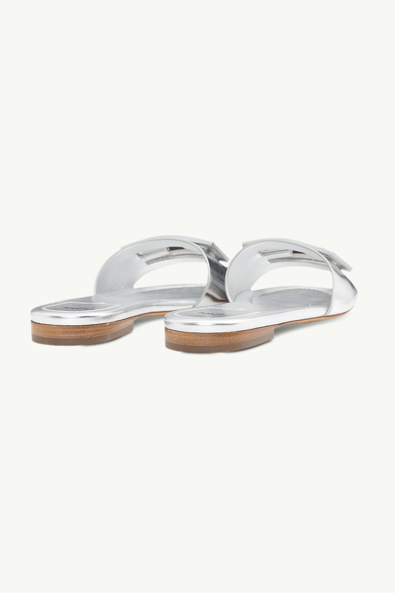 FENDI Women Siganture FF Baguette Slide Sandals in Silver Laminated Nappa Leather 2