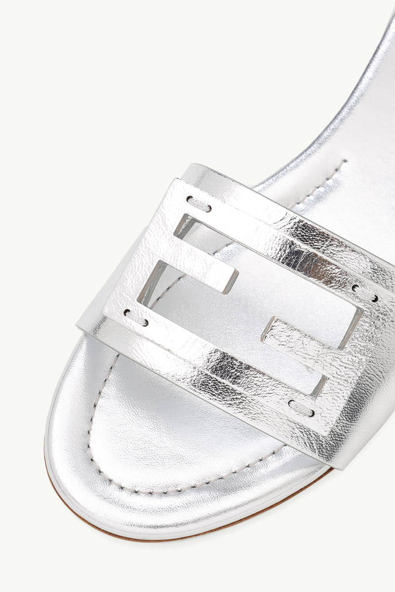 FENDI Women Siganture FF Baguette Slide Sandals in Silver Laminated Nappa Leather 4