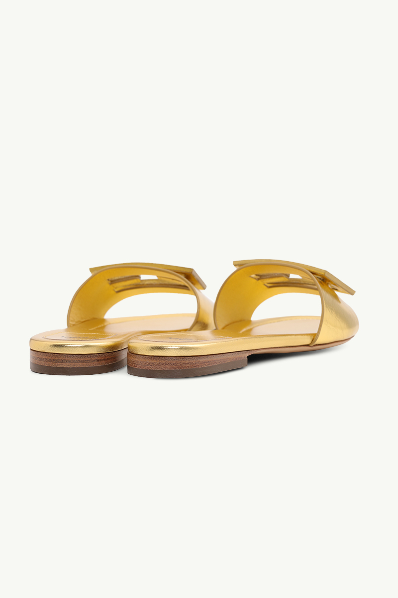 FENDI Women Siganture FF Baguette Slide Sandals in Gold Laminated Nappa Leather 2