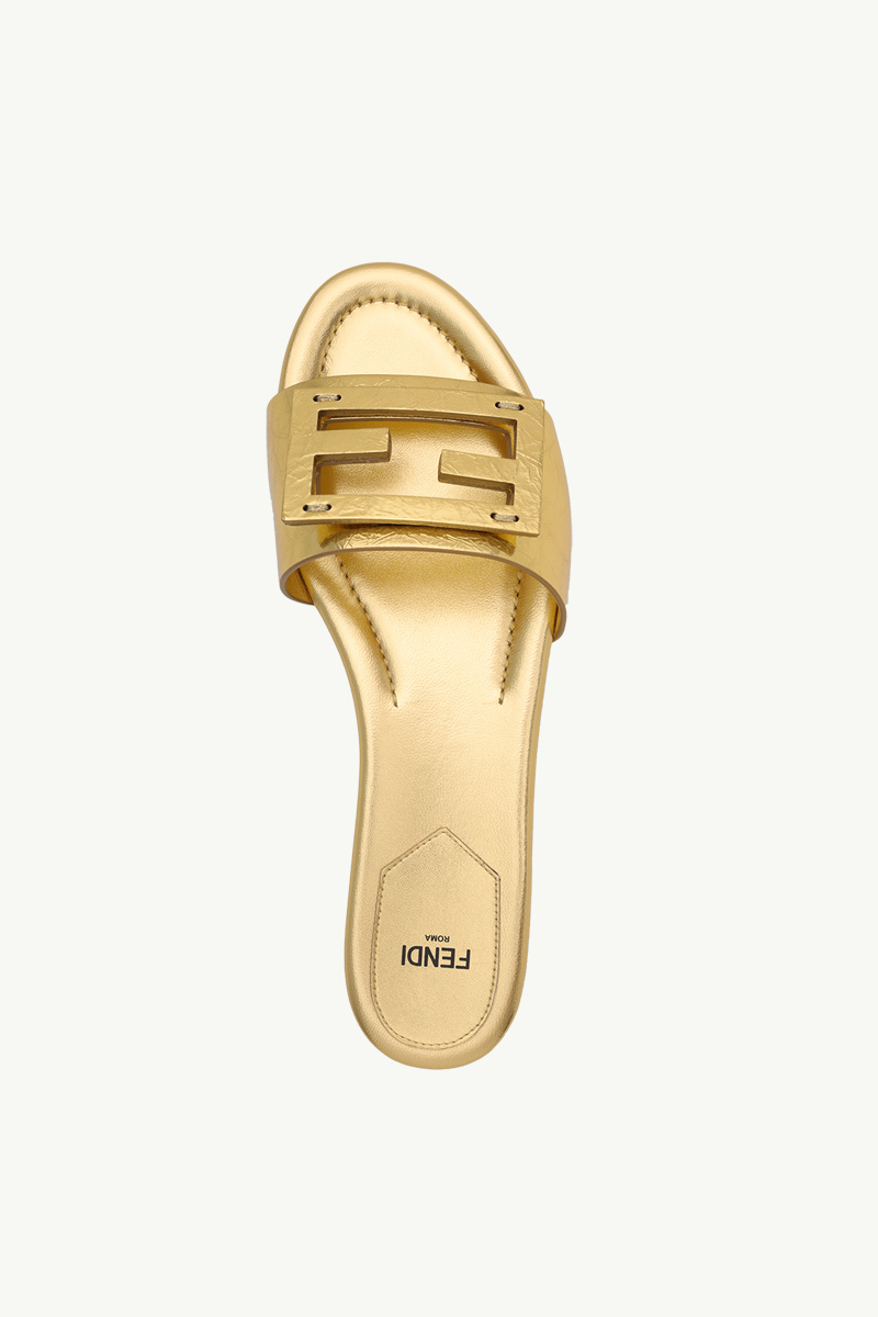 FENDI Women Siganture FF Baguette Slide Sandals in Gold Laminated Nappa Leather 3