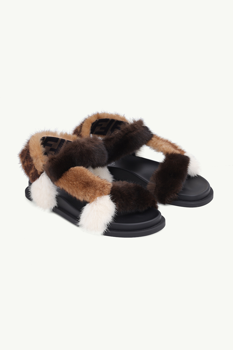 FENDI Women Feel Flat Sandals in Brown/Beige/White  Mink with FF Ankle Strap 1