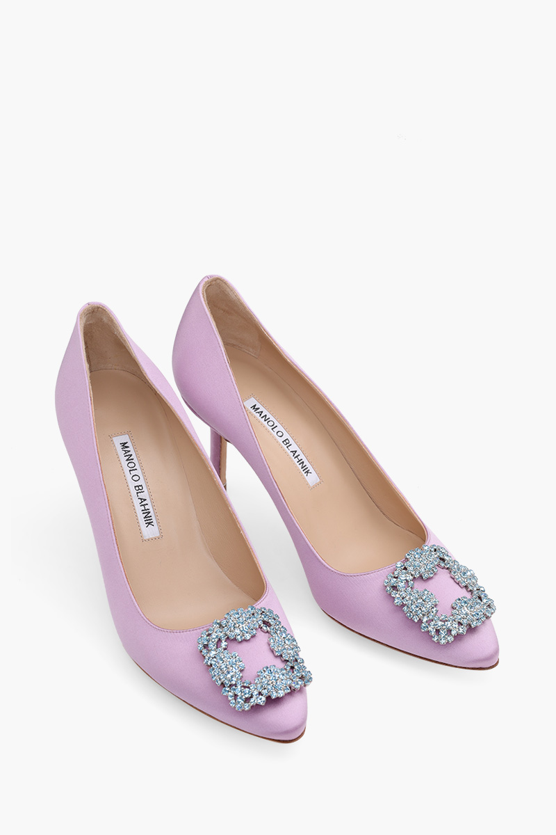 MANOLO BLAHNIK Hangisi 7cm Pumps in Purple Satin with Light Blue Crystal 1