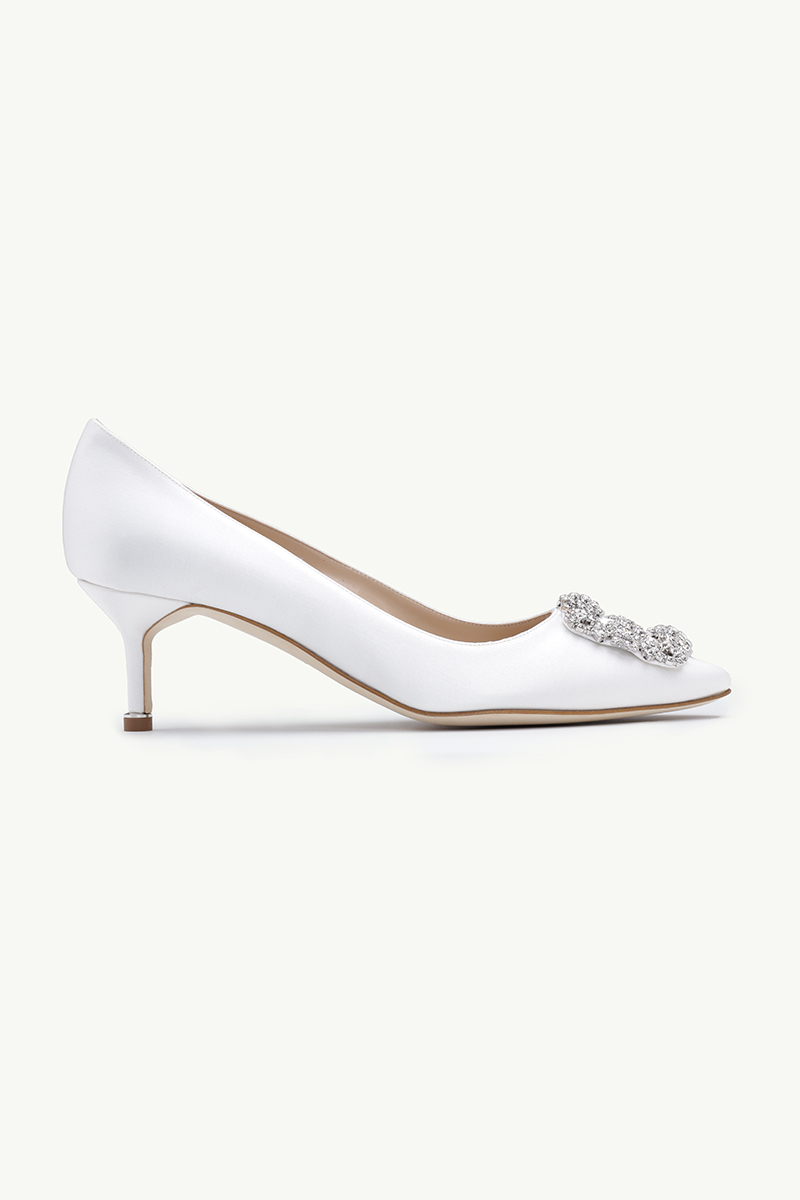 MANOLO BLAHNIK Hangisi 5cm Pumps in Light Cream Satin with White Crystal 0