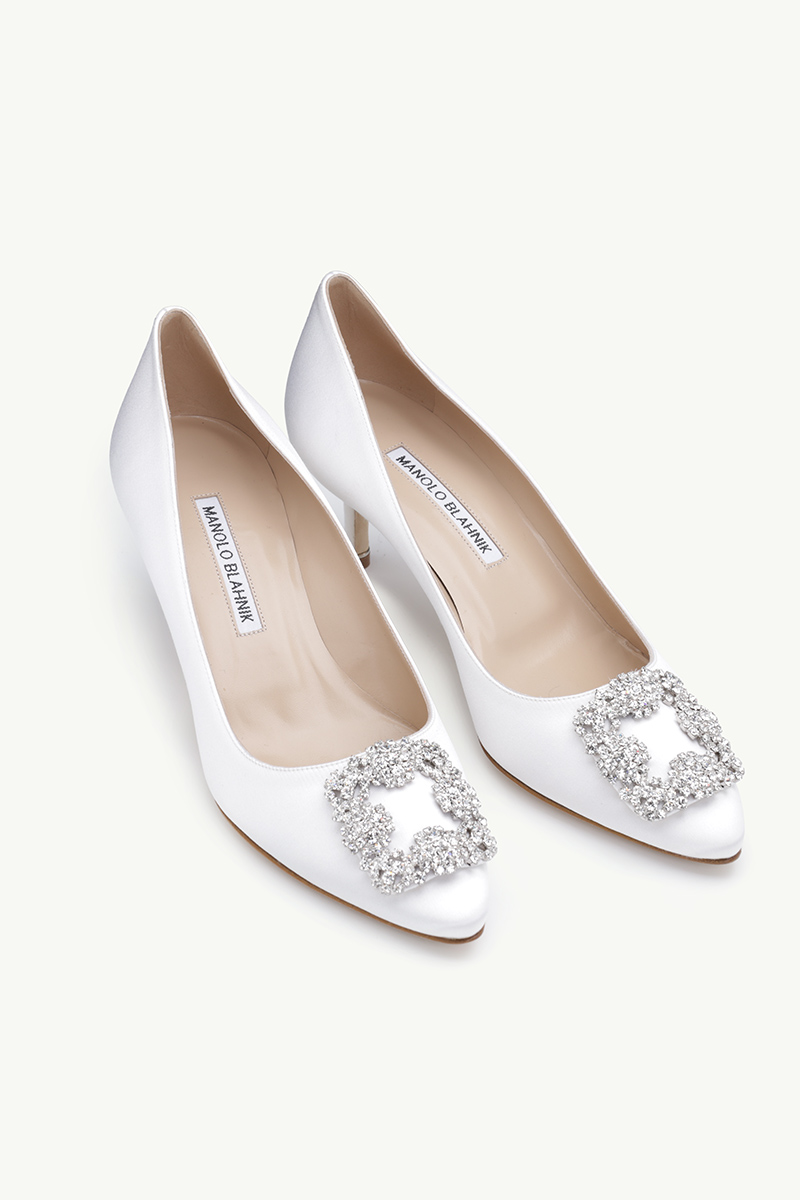 MANOLO BLAHNIK Hangisi 5cm Pumps in Light Cream Satin with White Crystal 1