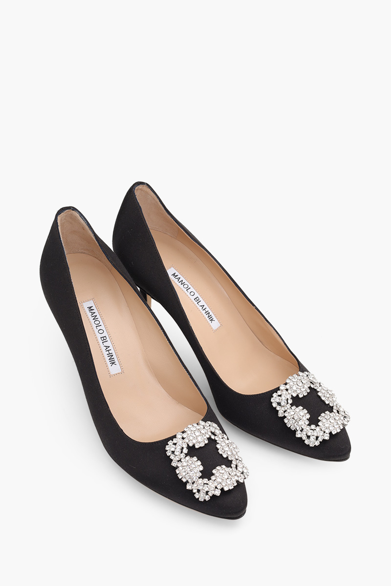 MANOLO BLAHNIK Hangisi 7cm Pumps in Black Satin with White Crystal 1