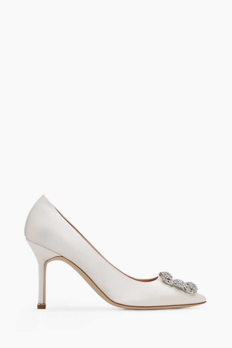 MANOLO BLAHNIK Hangisi 9cm Pumps in Cream Satin with White Crystal 0