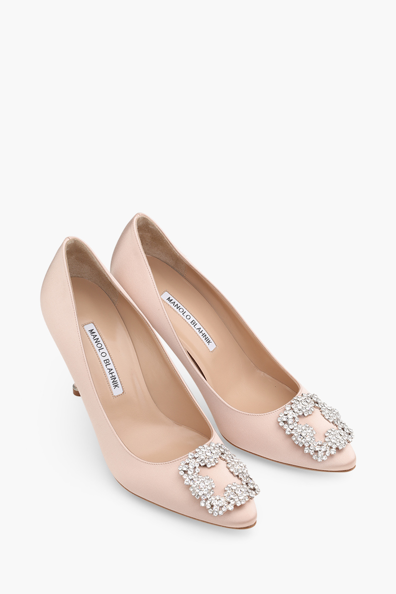 MANOLO BLAHNIK Hangisi 9cm Pumps in Dark Nude Satin with White Crystal 1