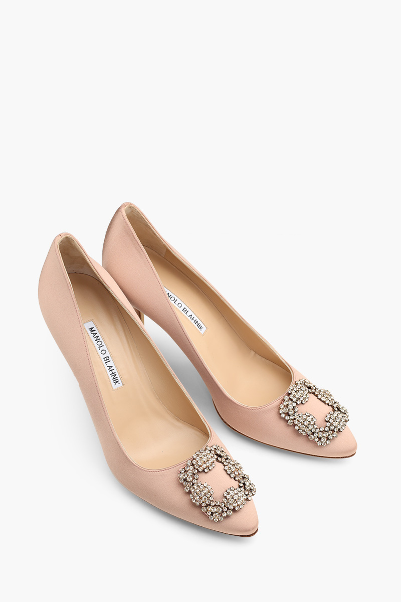 MANOLO BLAHNIK Hangisi 10.5cm Pumps in Dark Nude Satin with White Crystal 1