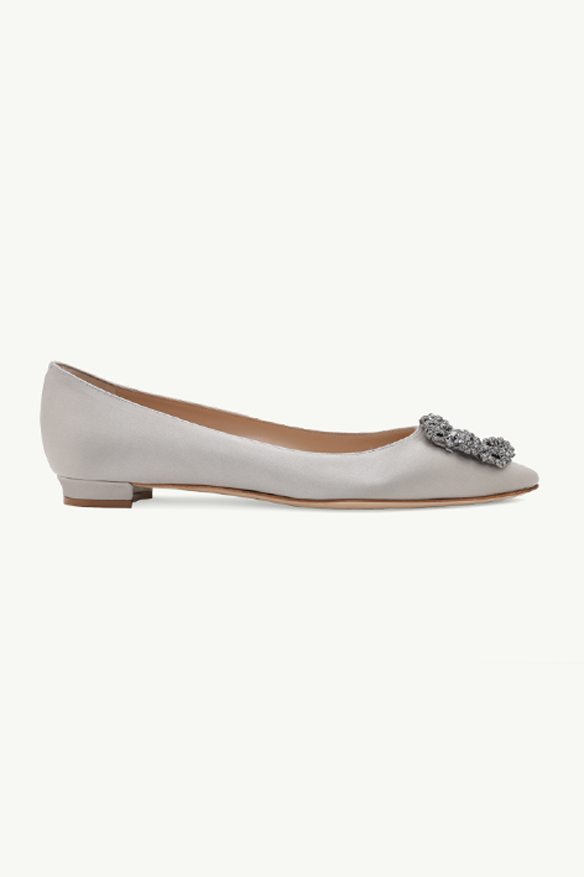 MANOLO BLAHNIK Hangisi Ballerina in Light Grey Satin with Dark Crystal 0