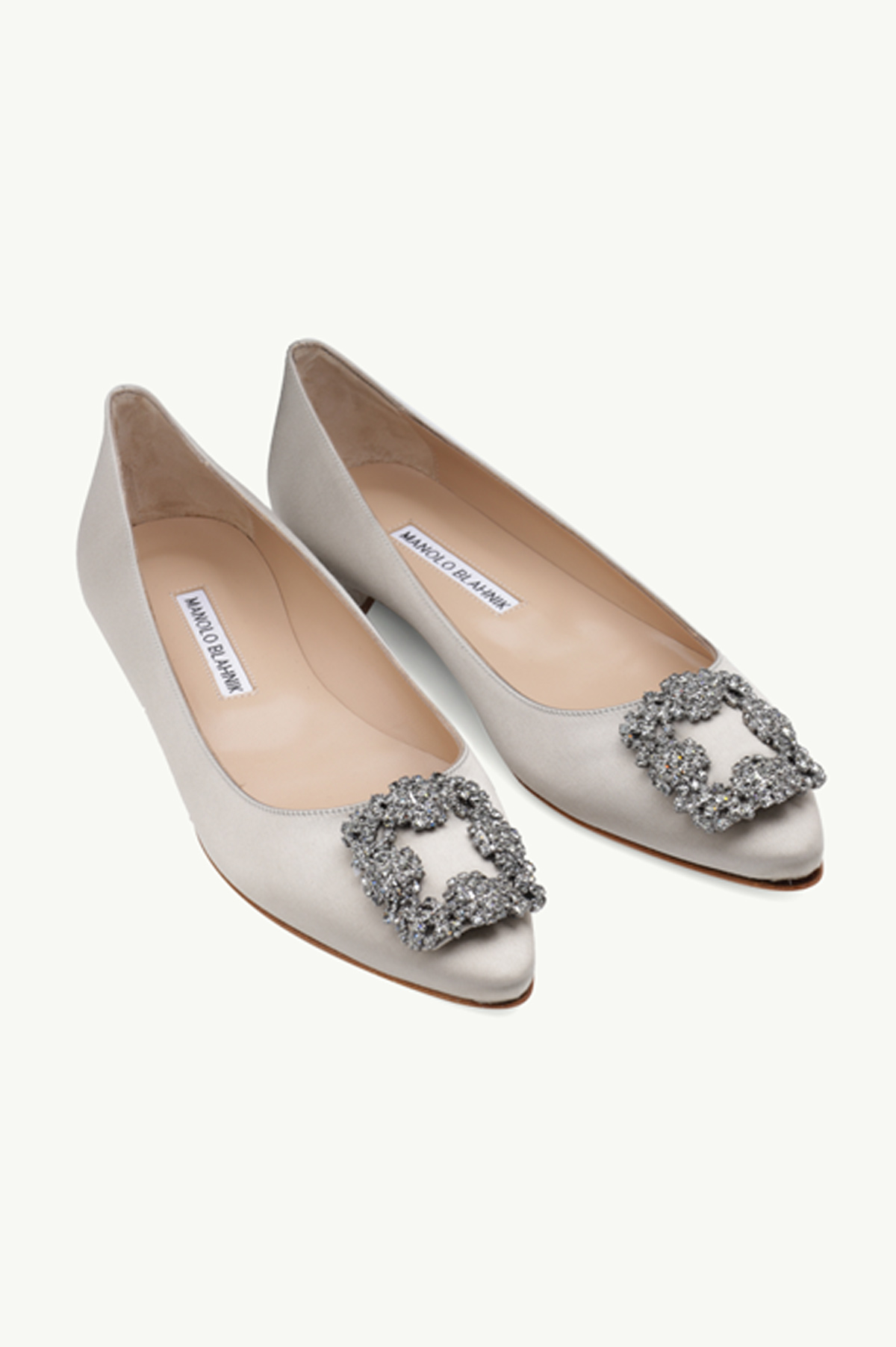 MANOLO BLAHNIK Hangisi Ballerina in Light Grey Satin with Dark Crystal 1