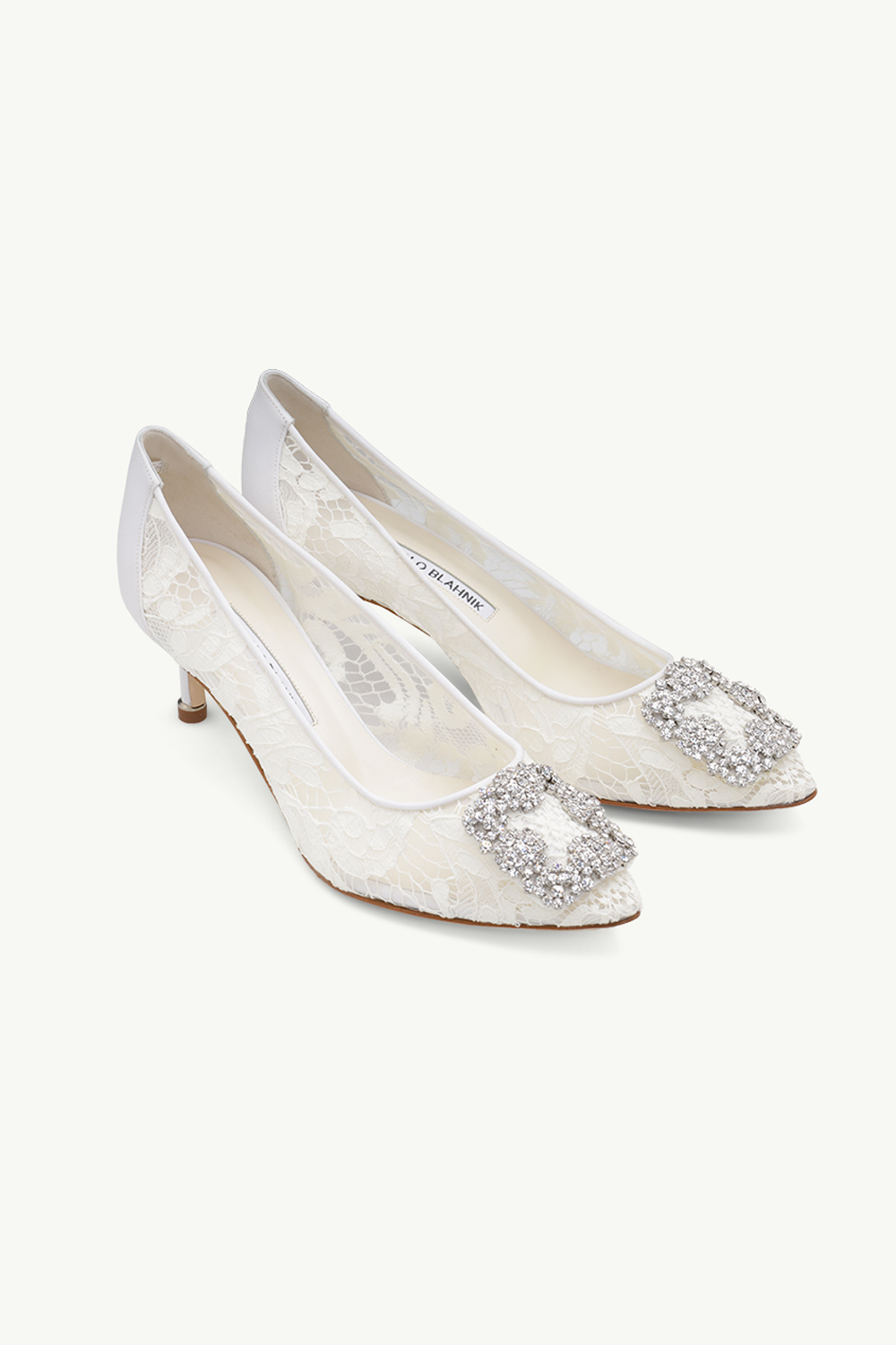 MANOLO BLAHNIK Hangisi Lace Pumps 5cm in Cream with White Crystal 1