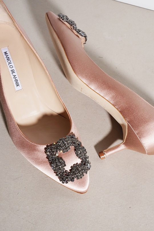 MANOLO BLAHNIK Hangisi 5cm Pumps in Nude Satin with Dark Crystal 1