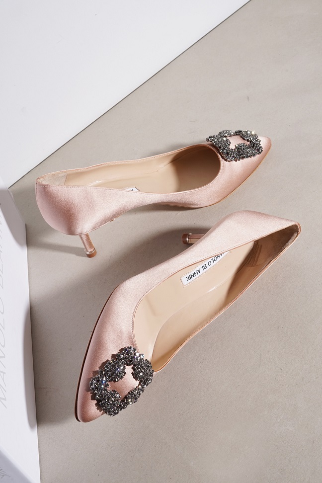 MANOLO BLAHNIK Hangisi 5cm Pumps in Nude Satin with Dark Crystal 2