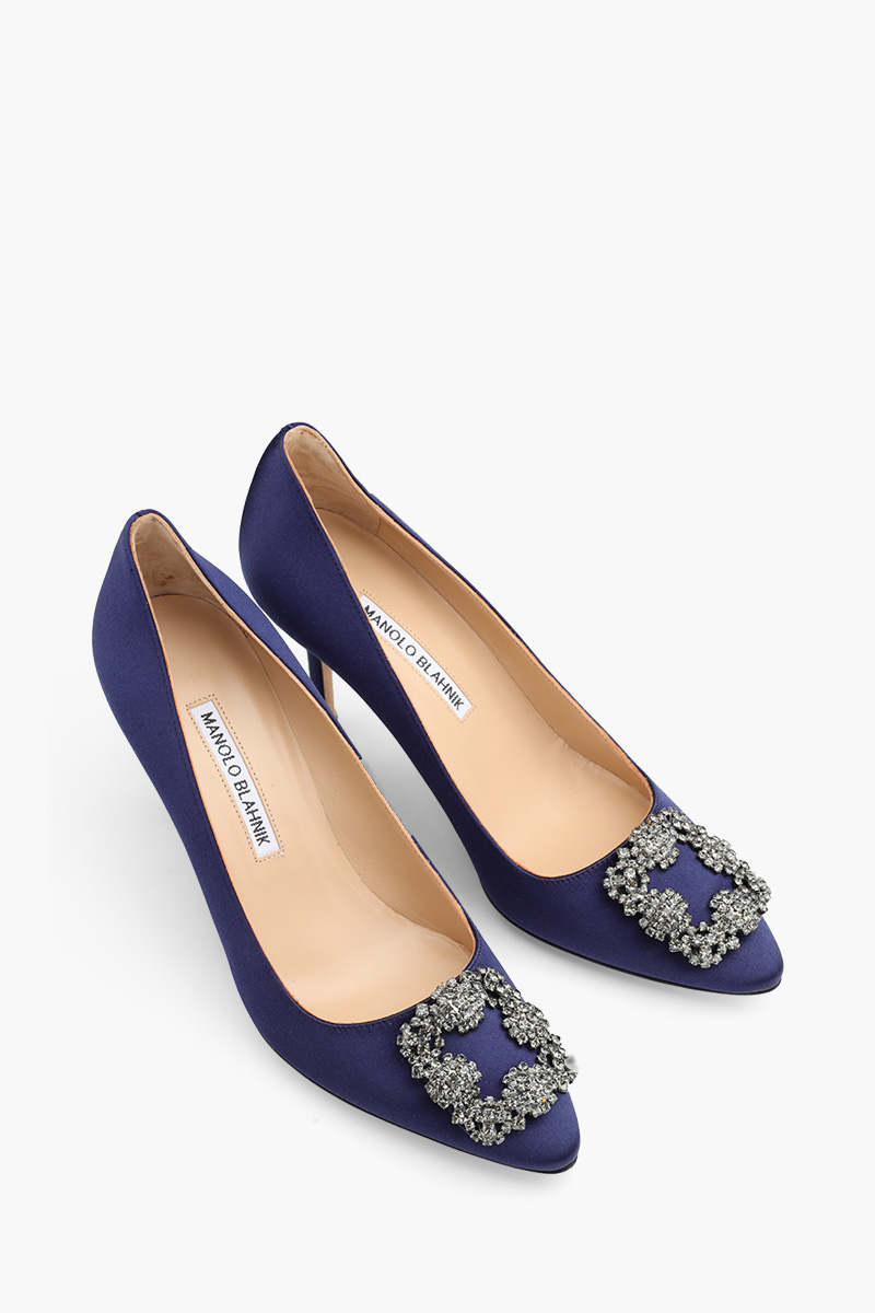 MANOLO BLAHNIK Hangisi 9cm Pumps in Navy Blue Satin with Dark Crystal 1