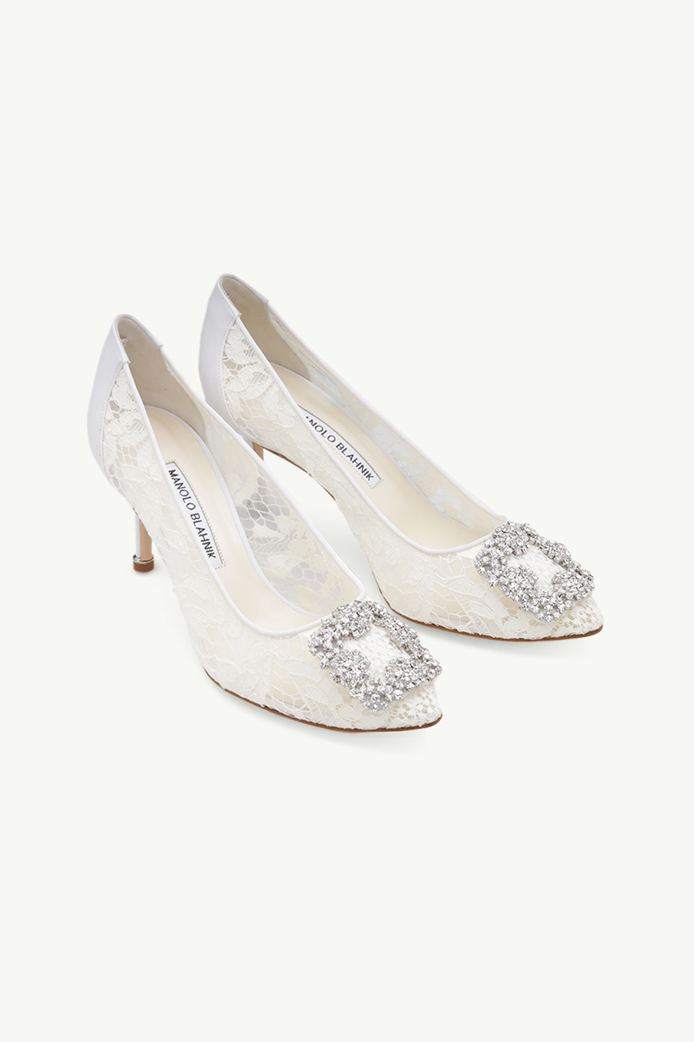 MANOLO BLAHNIK Hangisi Lace Pumps 7cm in Cream with White Crystal 1