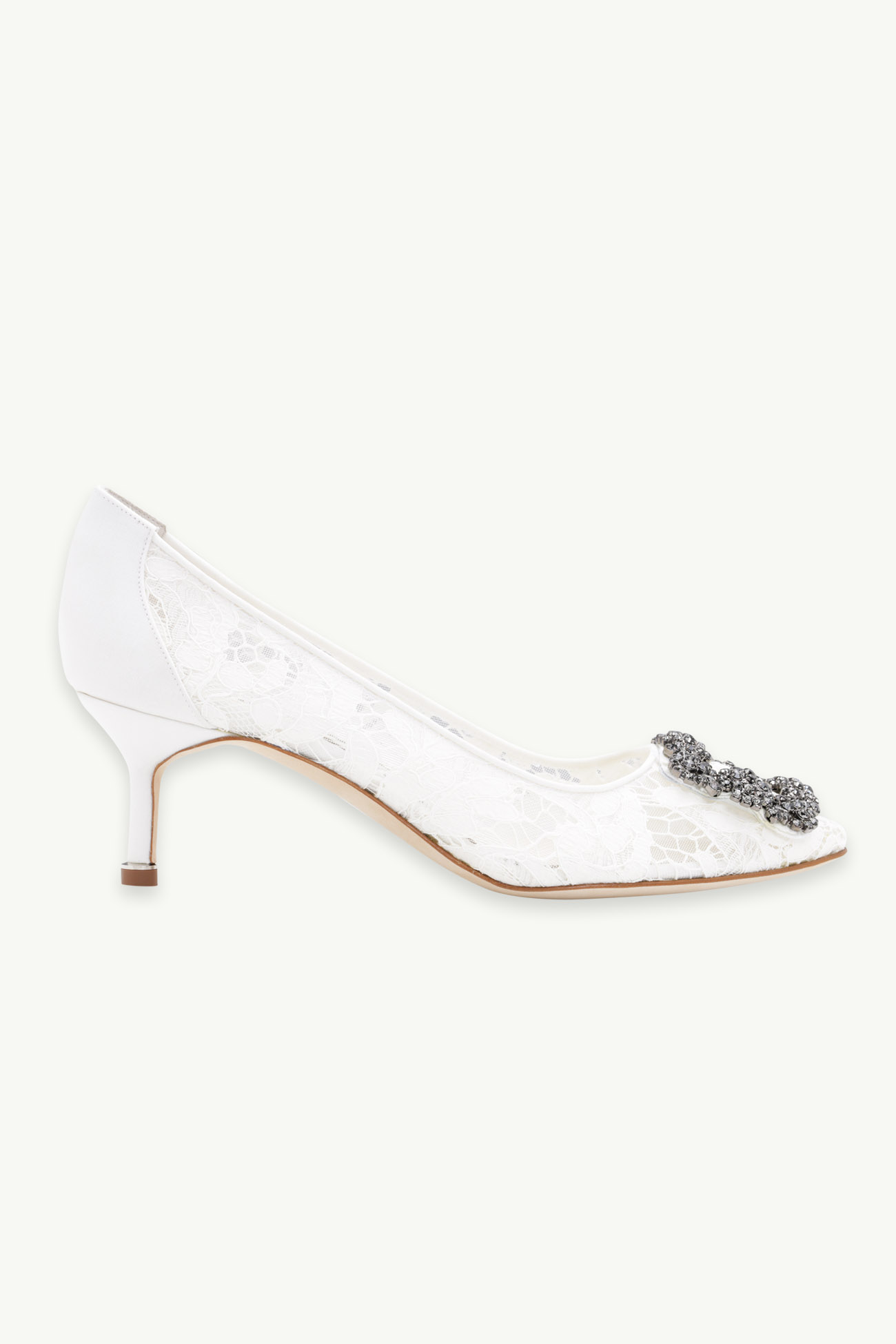 MANOLO BLAHNIK Hangisi Lace Pumps 5cm in Cream with Dark Crystal 0