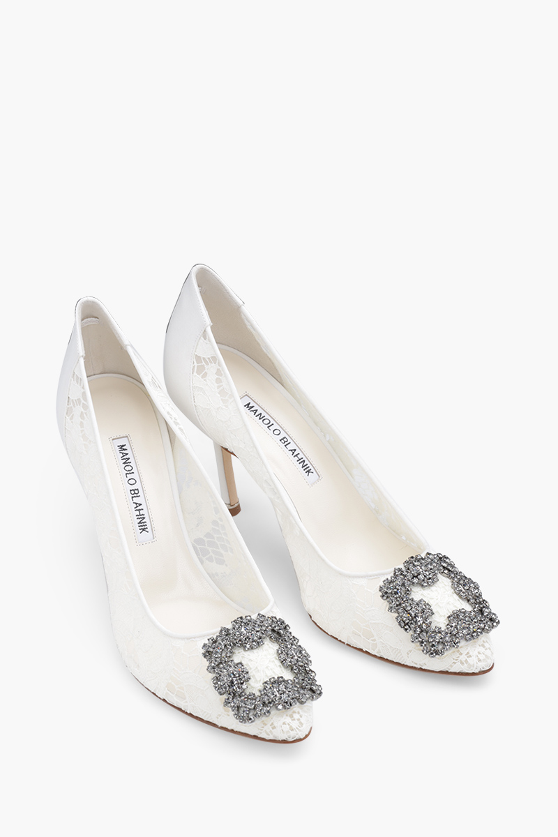 MANOLO BLAHNIK Hangisi Lace Pumps 9cm in Cream with Dark Crystal 1