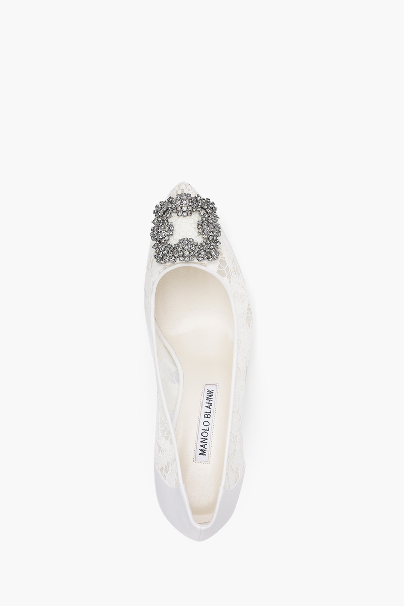 MANOLO BLAHNIK Hangisi Lace Pumps 9cm in Cream with Dark Crystal 3