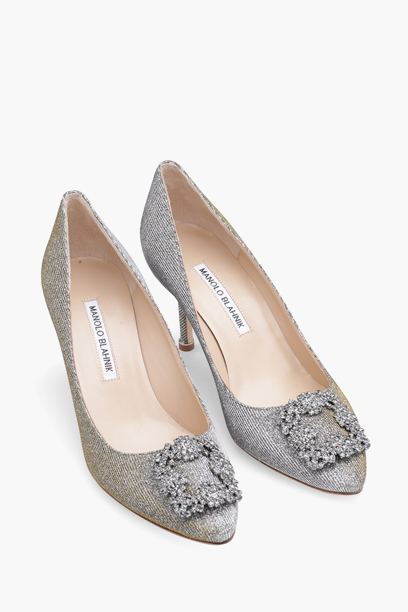 MANOLO BLAHNIK Hangisi 7cm Pumps in Gold Glittered with Dark Crystal 1