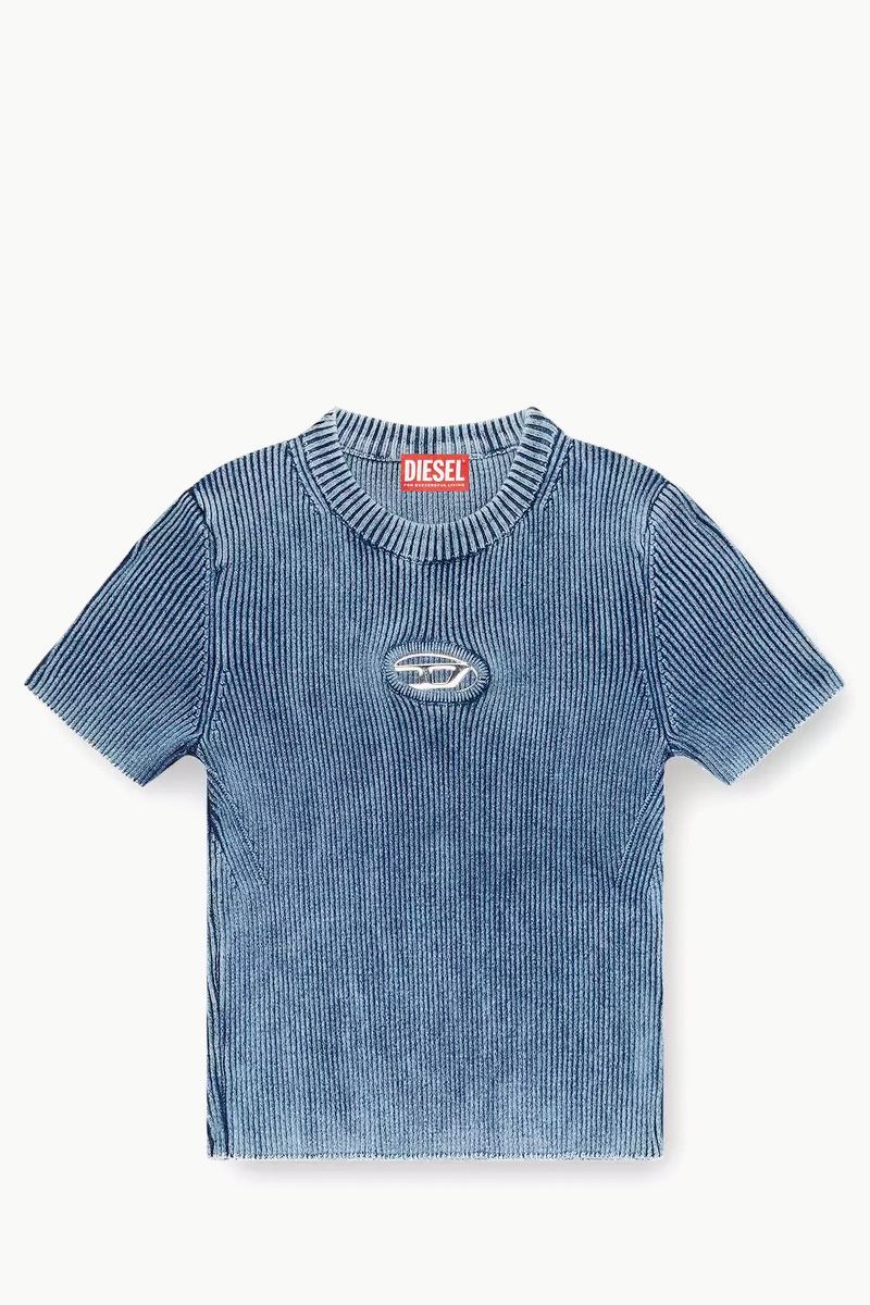 DIESEL Women M-Anchor-A-SS Knitted Crop Top in Blue Cotton 0