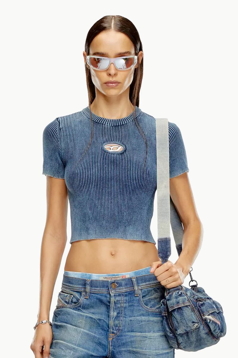 DIESEL Women M-Anchor-A-SS Knitted Crop Top in Blue Cotton 1