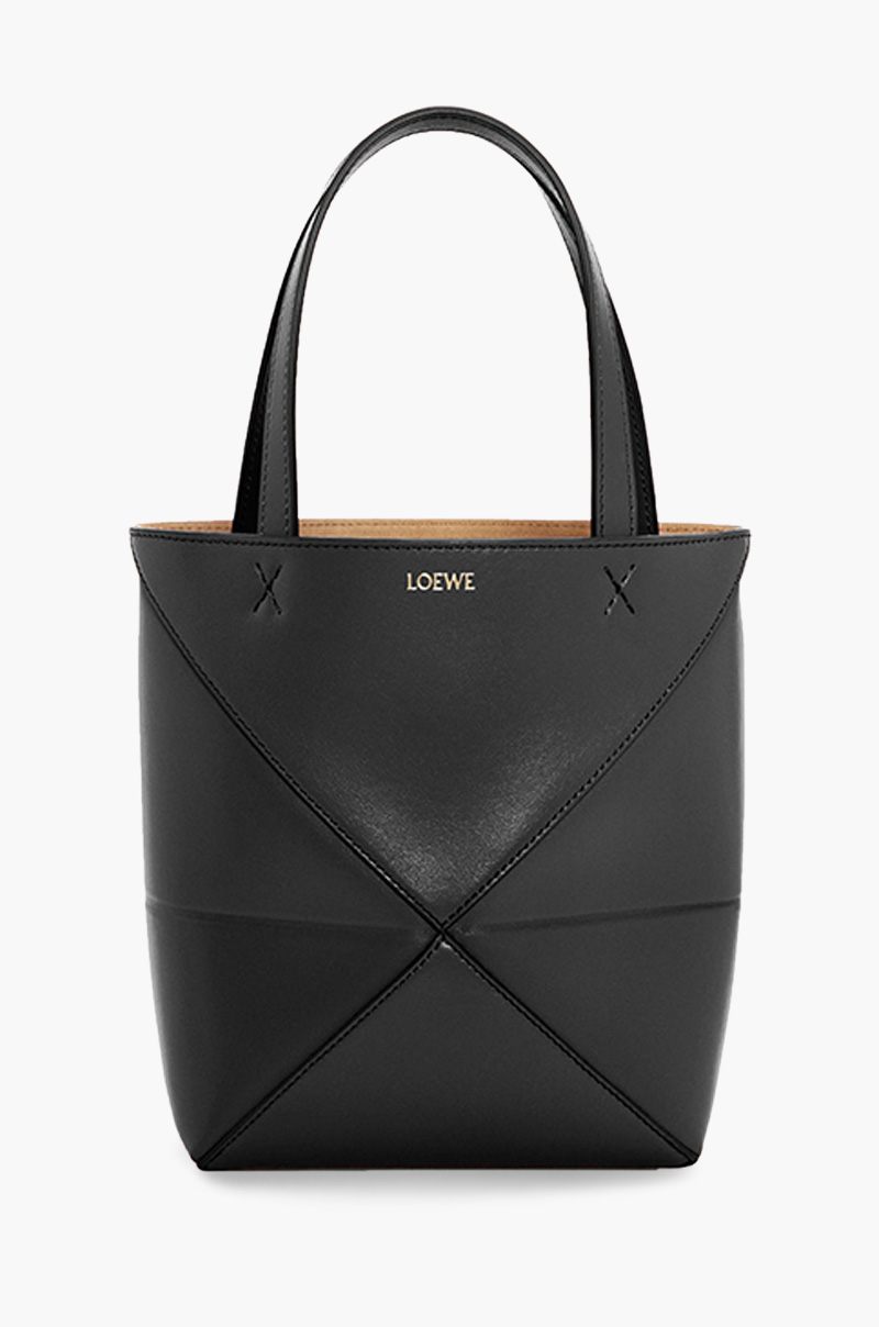 LOEWE Mini Puzzle Fold Tote Bag in Black Shiny Calfskin 0