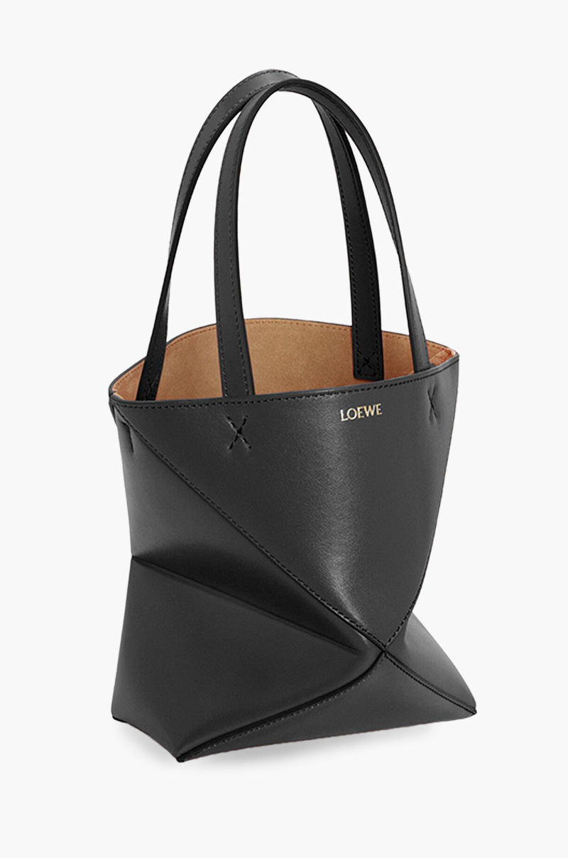 LOEWE Mini Puzzle Fold Tote Bag in Black Shiny Calfskin 2