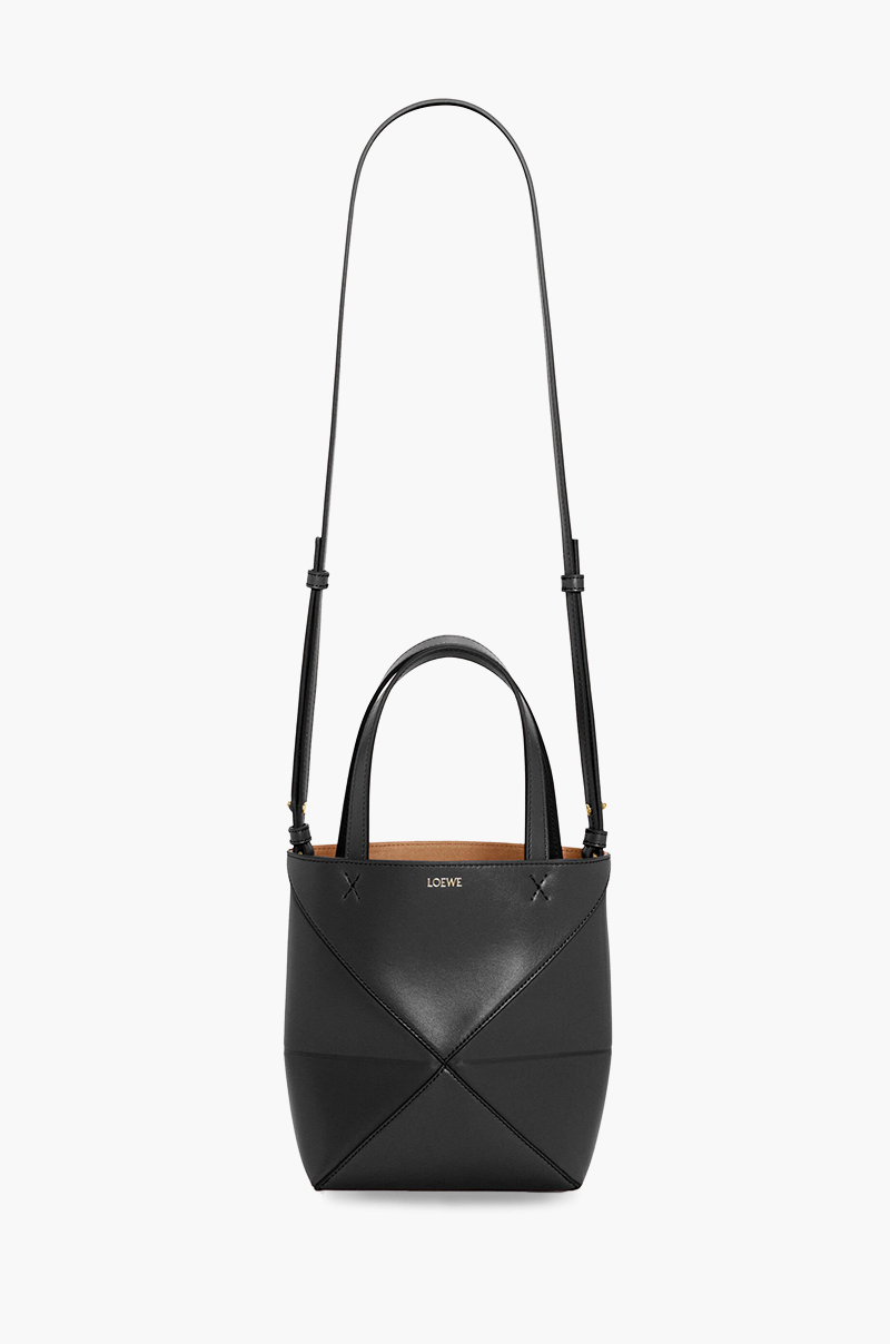 LOEWE Mini Puzzle Fold Tote Bag in Black Shiny Calfskin 3