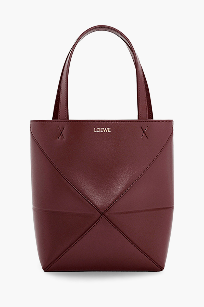 LOEWE Mini Puzzle Fold Tote Bag in Dark Burgundy Shiny Calfskin 0