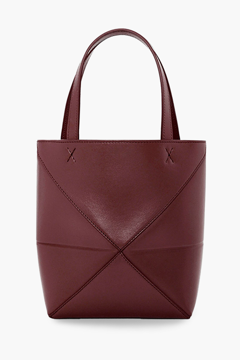 LOEWE Mini Puzzle Fold Tote Bag in Dark Burgundy Shiny Calfskin 1