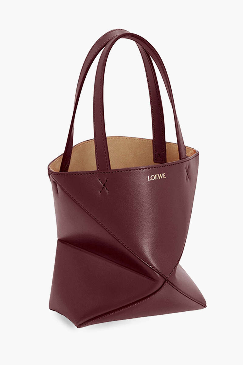 LOEWE Mini Puzzle Fold Tote Bag in Dark Burgundy Shiny Calfskin 2