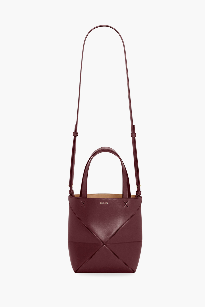 LOEWE Mini Puzzle Fold Tote Bag in Dark Burgundy Shiny Calfskin 3