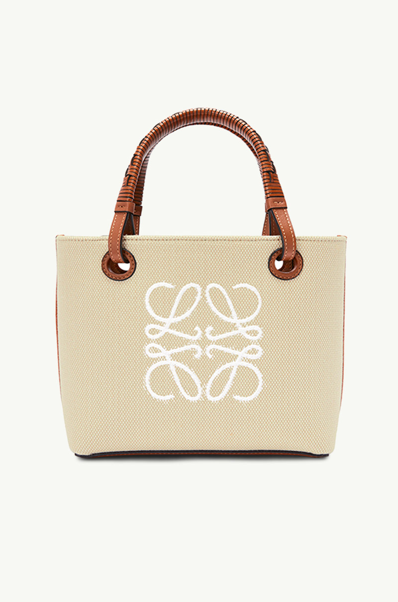 LOEWE Mini Anagram Tote Bag in Ecru/Tan Jacquard and Calfskin 0