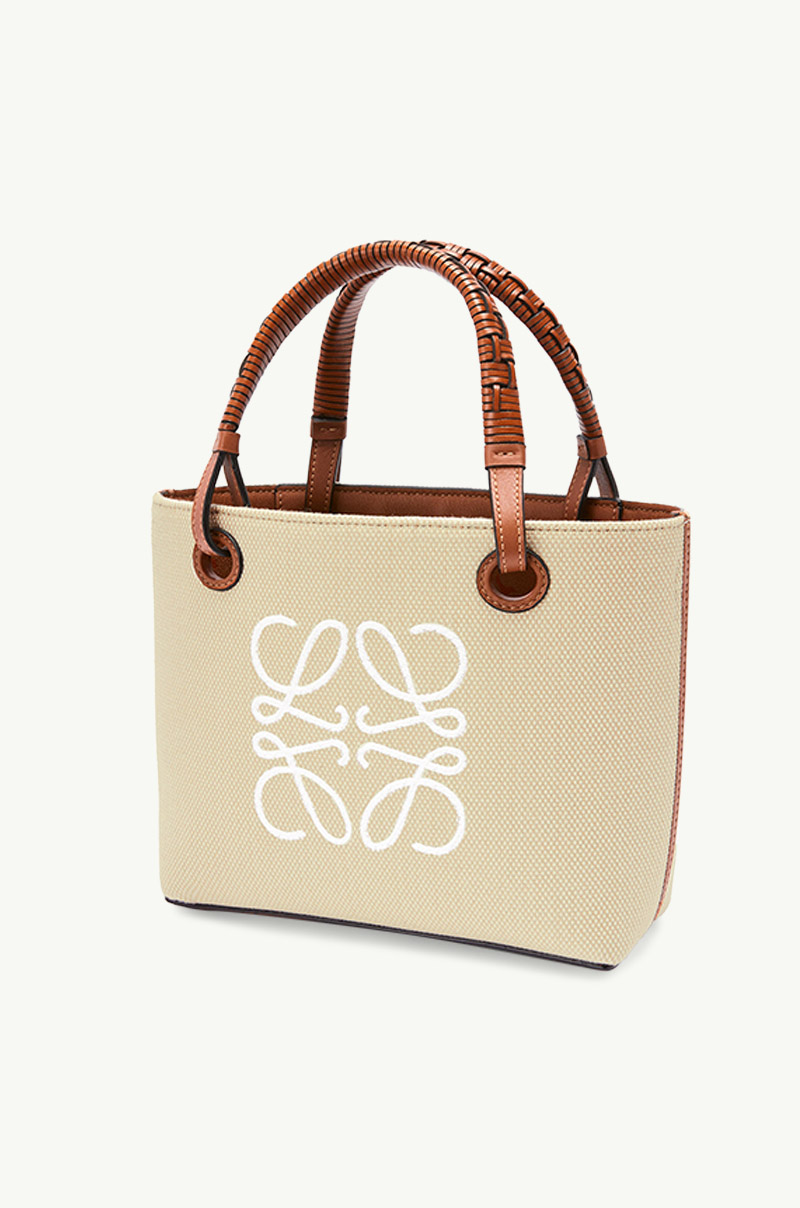 LOEWE Mini Anagram Tote Bag in Ecru/Tan Jacquard and Calfskin 2